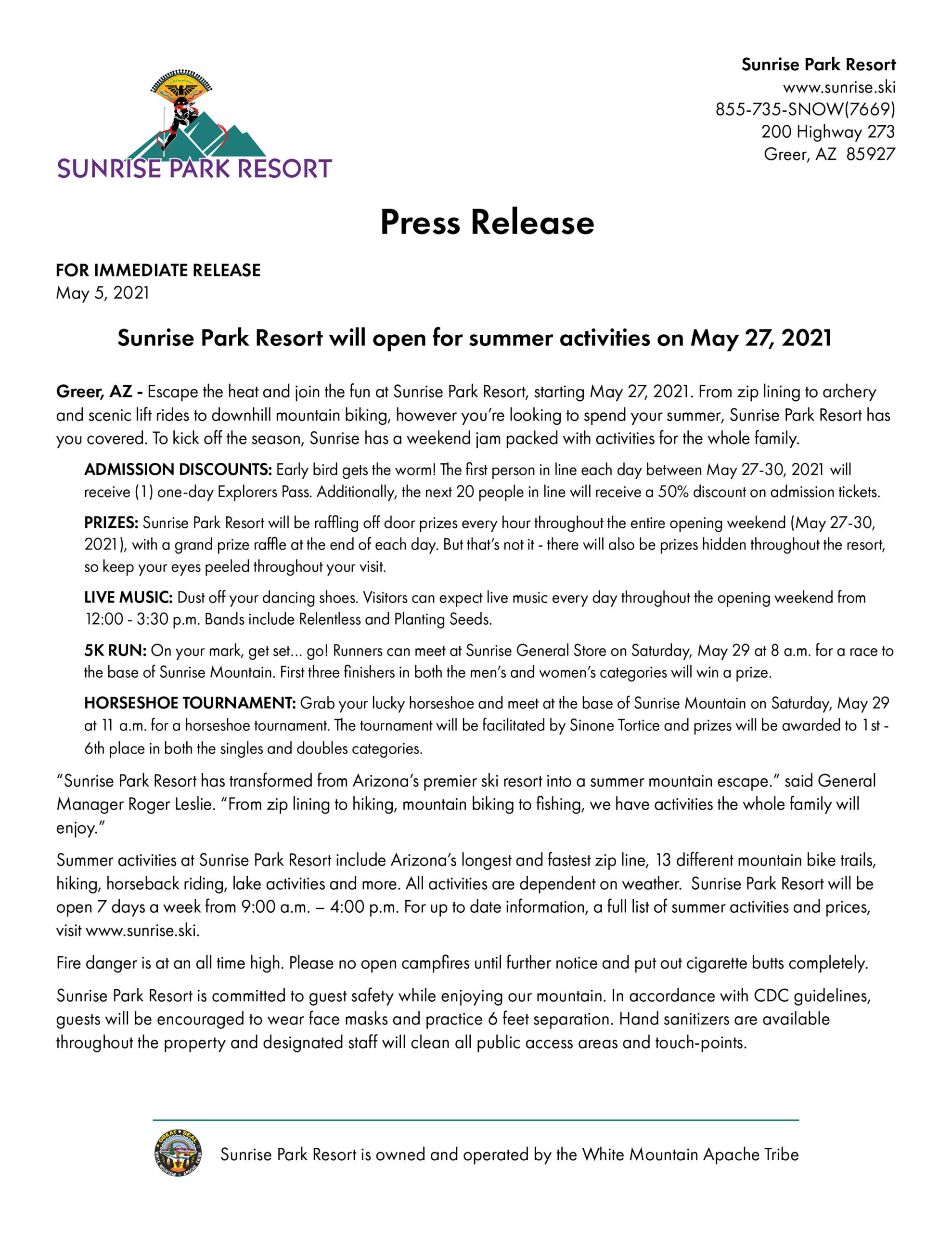Summer 2021 Opening Press Release